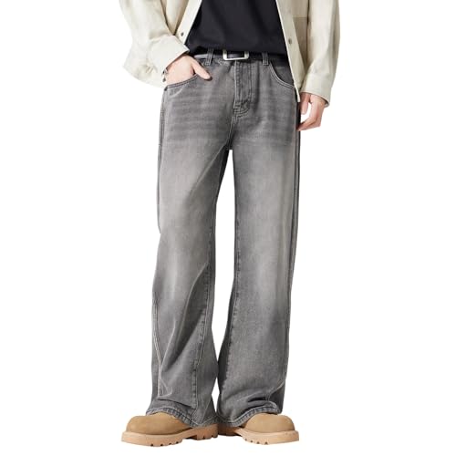 Men's Straight Leg Denim Jeans,Grey, High Waist, Wide Leg, Distressed Streetwear Style, Casual Wear, 32x32 Inch