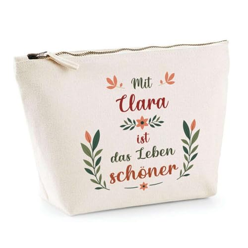 Kosmetiktasche Clara Leben schöner – Schminktäschchen, Make-up, Kulturtasche aus Baumwolle – Geschenk Muttertag, Geburtstag, Schwester, Weihnachten, Patentante