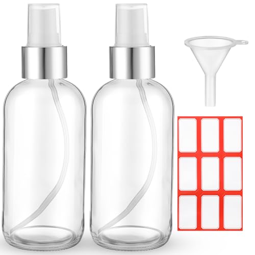 Fumete 2 Pack Glass Spray Bottles 4oz,Clear, Silver Top,Mist Bottle