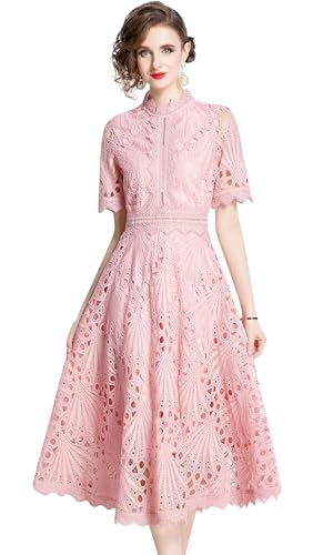 LAI MENG FIVE CATS Women's Retro Elegant Floral Lace Crew Neck Crochet Waist Cocktail Party Midi Dress