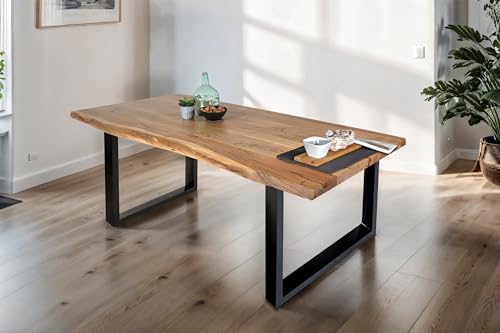 SAM Esstisch 140 x 80 cm Tomaso, Baumkantentisch naturfarben, Akazienholz massiv, U-Gestell aus Metall Schwarz, echte Baumkante