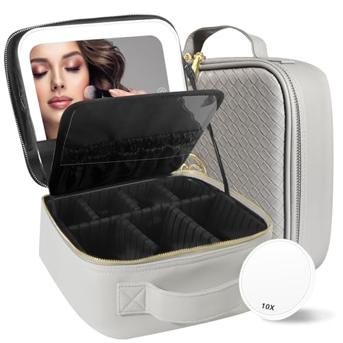 Image of MOMIRA Travel Makeup Bag Cosmetic Bag Makeup Organizer Bag with Lighted Mirror, Adjustable Brightness in 3 Color Scenarios, Waterproof Makeup Train Case, Gift for Women - Light Gray(Woven)