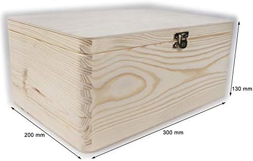 Wooden Storage Box with Lid and Gold Clasp | 30 x 20 x 13 cm | Plain Unpainted Decorative Lidded Chest Keepsake Memory Trunk | Box for Craft Decoupage | Christmas Eve Box