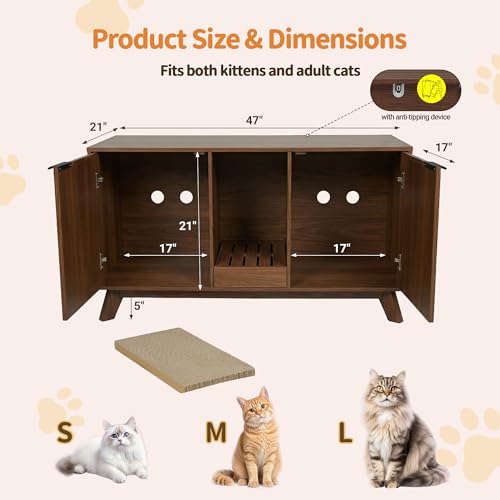 Image of Double Cat Litter Box Enclosure for 2 Cats,Fluted Hidden Litter Box Furniture with Litter Collector & Scratch Pad,47 inch Large Enclosed Cat Cabinet,Cat House,TV Stand,for Living Room,Walnut