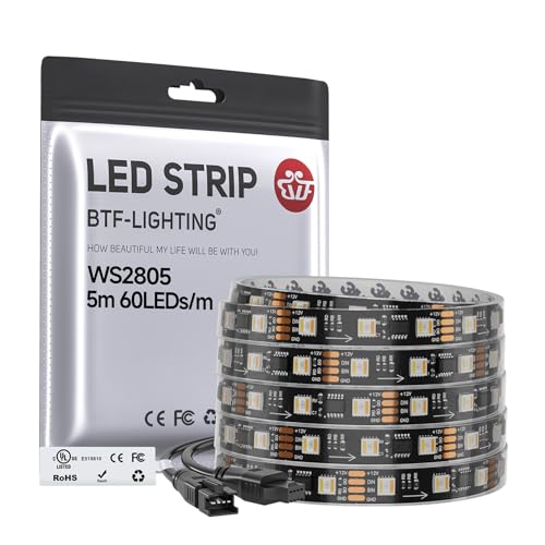 Image of BTF-LIGHTING WS2805 IC RGBCCT Addressable Dual Data LED Strip 5050SMD 16.4FT 60LED /m 20Pixel /m,UL Listed,5 Colors in 1 Chasing Color RGB+CCT 3000K-6500K IP67 DC12V(No Adapter or Controller)