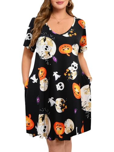 Image of ZENNILO Women's Plus Size Swing Dress with Pockets Casual Summer Dresses V Neck Short Sleeve T Shirt Dress for Women