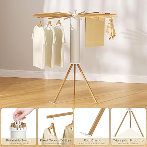 Image of JD FRESH 360 Rotating Cloth Drying Rack /16 Wooden Foldable Cloth Hanging Stick /Space Saving Stand for Cloth Drying /Tripod Portable Laundry Hanger for Balcony /Bathroom (White)