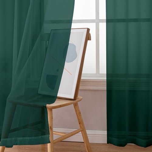 Image of Simplebrand Hunter Green Sheer Curtains 72 Inches Long 2 Panels for Living Room, Rod Pockets Airy Window Treatments Voile Sheer Curtains Panels Lightweight for Front Back Patio Glass Door, 42 inch Width