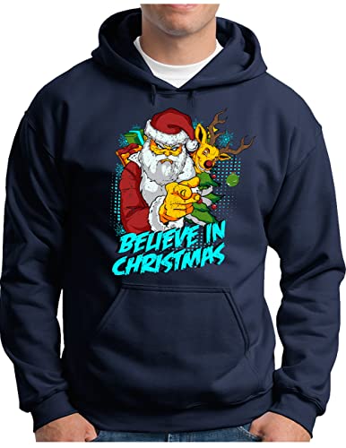 Sweat à capuche homme bleu marine OM3 Believe in Christmas S