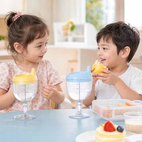Image of Goaste 4 Pack Baby Wine Sippy Cups, Goblet Style Plastic Toddler Stemware with Lids, 6.7oz Kids Beverage Mugs for Milk Water Juice, Birthday Christmas Holiday Party Gift, Blue Pink Yellow White