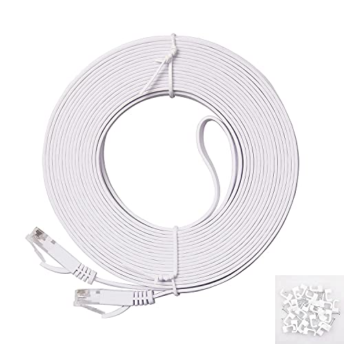 lan cable 32 feet - Cat 6 White Flat Shielded Ethernet Network Cable (32 FT), REXUS High Speed 10Gbps LAN Wires Internet Patch Cable with RJ45 Connector Faster Than Cat5/Cat5e (C6F100B)