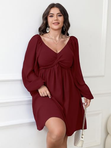 Image of SCOMCHIC Women's Plus Size Puff Long Sleeve Dresses Sweetheart Neckline A Line Short Wedding Guest Cocktail Dress
