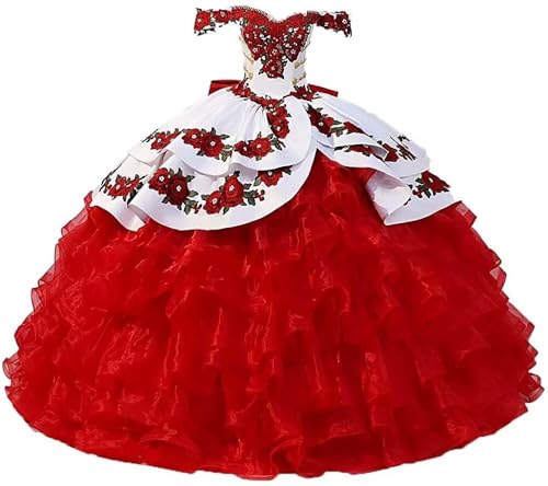 Vintage Flowers Embroidery Quinceanera Dresses Ruffles Prom Ball Gown Sweet 15 16 Dress