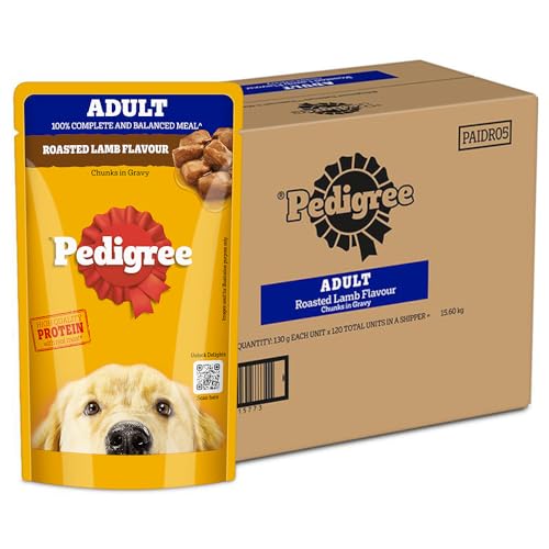 Image of Pedigree Adult Wet Dog Food, Roasted Lamb Flavour Chunks in Gravy, 130 g (Pack of 120), Complete & Balanced Meal for Adult Dogs