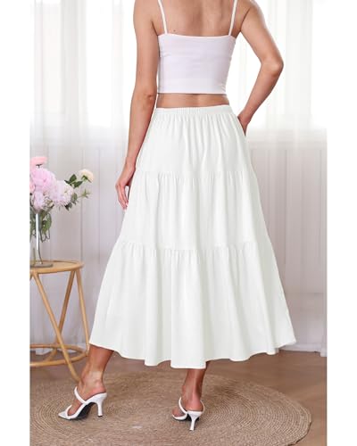 Kingfancy Women's Boho Midi Skirt A-Line Ruffle Elastic High Waist Tiered Flowy Skirts3
