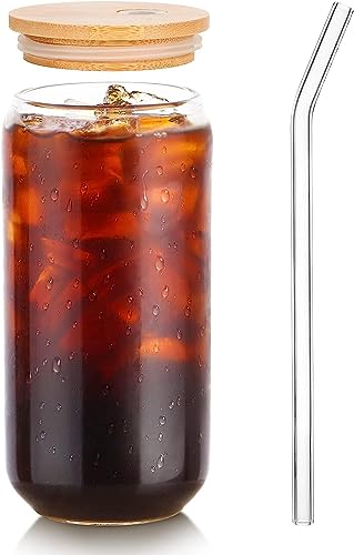 Image of 500ML Glass Cups with Bamboo Lids and Glass Straws Drinking Tumbler Iced Coffee Cup Smoothie Cups for Bubble Tea Whiskey Water Gift