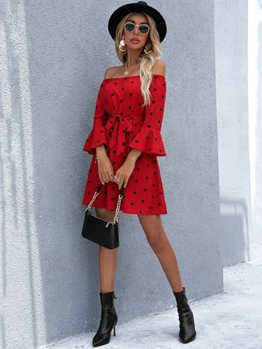 Image of Off Shoulder Ruffle Dress for Women, A-Line Mini Dress with Belt, Fitted Bust Summer Wedding Guest Dress