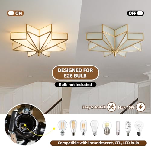 Image of Star Brass Ceiling Light - 19.7 In Large Gold Milk Glass Flush Mount