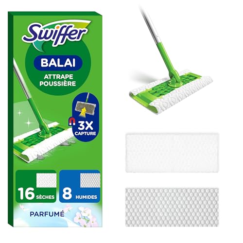 Swiffer Balai Attrape-Poussière, Kit de Démarrage, (1 Balai et 16 Lingettes Sèches et 8 Lingettes Humides) Attrape Et Retient 3x Plus De Poussière, Saleté...