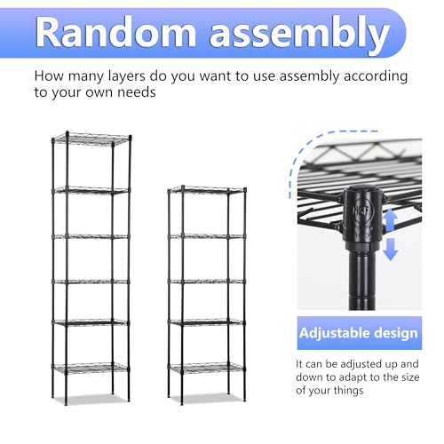 Image of BestOffice | 6-Tier Wire Storage Shelves | 17x12x64 | Black | with Adjustable Racks | Heavy-Duty Metal Shelf, Holds Upto 600 lbs | No-Tool Assembly | Ideal for Home & Garage Shelving