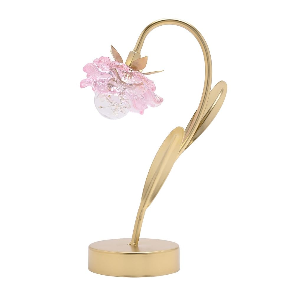 Britalia Gold Metal And Pink Glass Flower Single Stem Led Battery Powered Table Lamp 30Cm Height