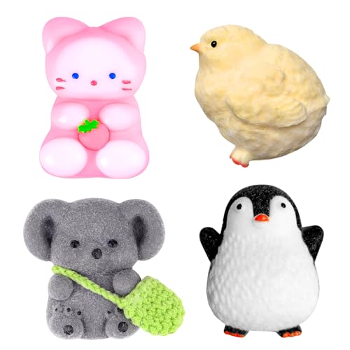 4 PCS Taba Squishy, Squishy Fidget Toys, Fufu Sensory Squeeze Toy Taba Squishies Kit, Christmas Stocking Fillers Birthday Stress Gifts for Kids & Adults, Cute Cat, Penguin