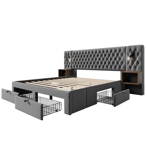 Polsterbett Doppelbett Bettanlage 180x200 cm, Schlafzimmer Komplett Set mit 2x Nachtkommoden und 4 Schubladen, LED Kopfteil Stauraumbett mit Leselicht & USB Ladefunktion, Samt, Ohne Matratze, Grau