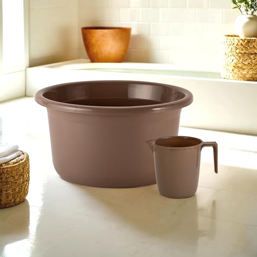 Image of Kuber Industries Set of 2 Bathroom Combo Set | Bathing Set | Bathware Bathing Set | Tub & Mug Combo Set for Bathroom | Modern Bathroom Accessories Set | Brown