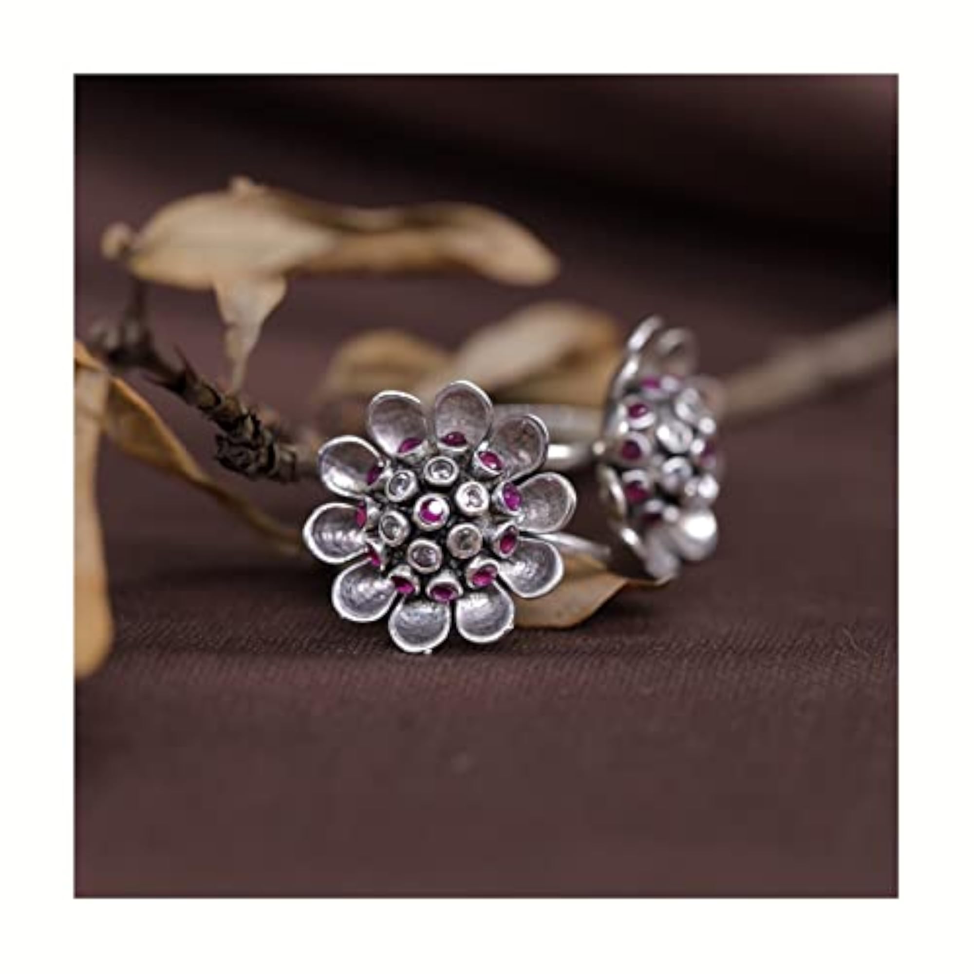 Flower Design Silver Toe Ring with Ruby and Zirconia
