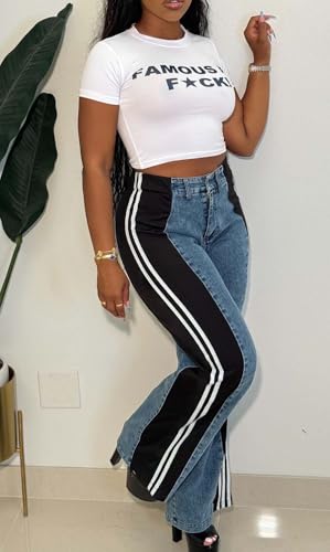 Women’s Stretchy Jeans with Patchwork Stripes High Waisted Loose Denim Color Block Jean Straight Leg Pants2