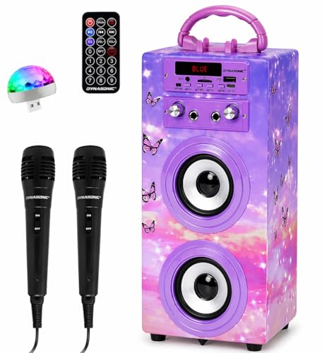 DYNASONIC Macchina Karaoke Portatile con 2 Microfoni, Speaker Bluetooth con Luci LED, Lettore USB e SD, Perfetta come Regalo per Bambini