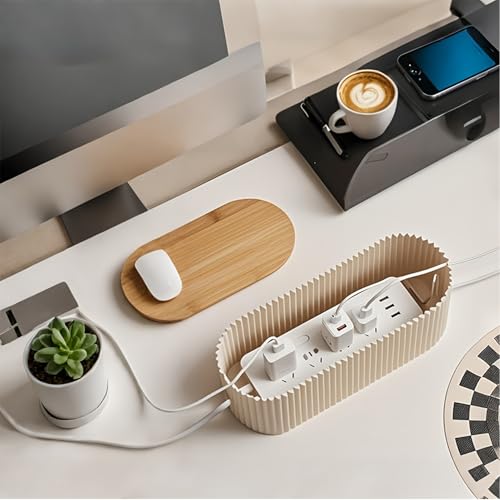 Image of Soko Cable Management Box with Bamboo Lid | Cords Hider & Surge Protector | Concealer for Power Strips, Router, TV, Gadget Wires Storage Organiser Tray for Desk, Table - Home, Office - Off-White