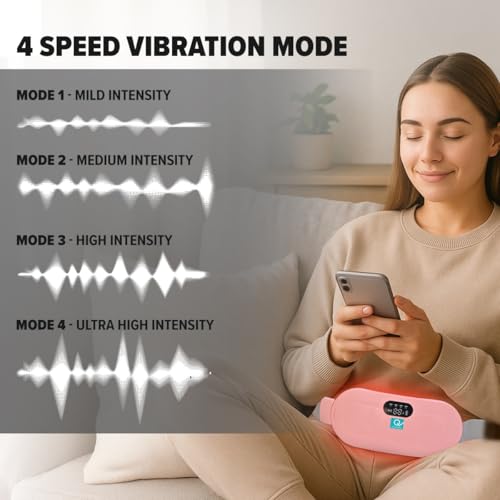 Image of Q Devices Menstrual Heating Pad for Period Cramps Relief - Cordless Electric Stomach & Back Pain Massage Belt with 3 Heat Levels, 4 Vibration Modes, Portable Wearable Design for Women (Pink)