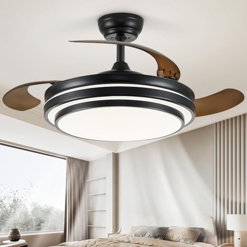 FIDGRA 48 Inch Fandelier Ceiling Fan with Light Retractable Ceiling Fan with Lights for Bedroom Living Room Dinning Room Chandelier with Fan 6 Speed 3 Color Temperature-Black
