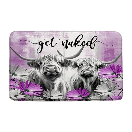 Farmhouse Highland Cow Get Naked Bath Mat Farm Animal Portrait of Highland Cow Longhorn Bull Rustic Flower Funny Western Bathroom Rug Absorbent Doormat Kitchen Toilet Floor Rug