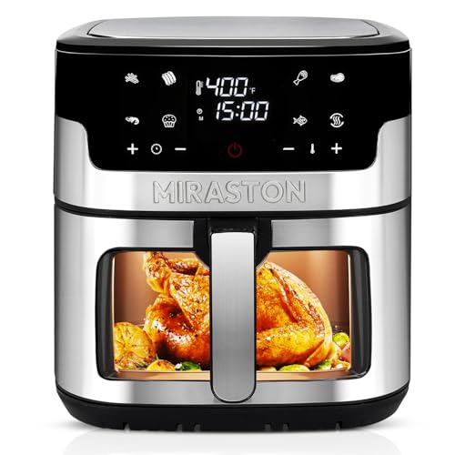 MIRASTON Air Fryer, 8.5QT Family Size Digital Air Fryers, BPA-Free, Smart Touchscreen with 8-Preset, Air Frying, Reheat Leftovers, Party Food, Fast Cooking, Dishwasher-Safe, Stainless Steel