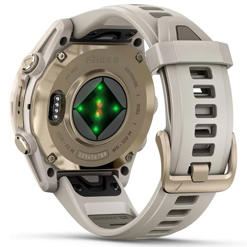 Image of Garmin Fenix 8 43mm AMOLED Sapphire Multisport GPS Smartwatch, Soft Gold with Fog Gray Sandstone Silicone Band, 010-02903-10 - Bundle w /Deco Essentials Charging Dock, Dust Cover and USB-C Cable