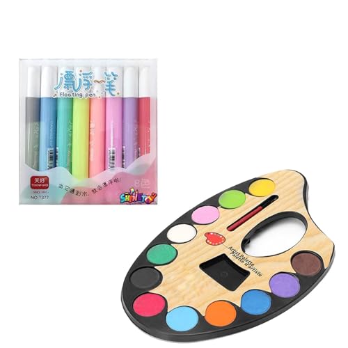 Image of SHINETOY 2 in 1 Magical Water 8 Pen and Drawing Premium Students Color Mixing Palette with 12 Pits & Integrated Water Colors, 8 pcs Magical Water Pen, Magical Floating Ink Pen