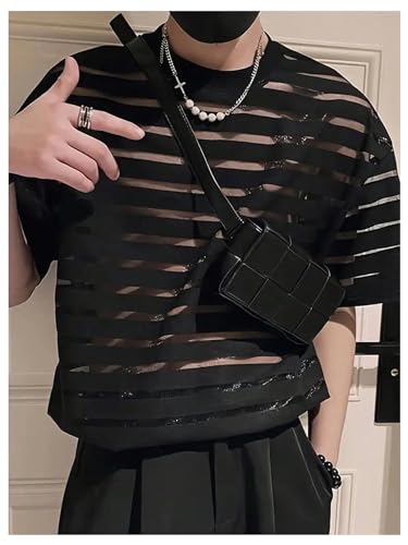 Men's Sheer Mesh Tee Shirt Striped Short Sleeve Crewneck See Through T Shirt Summer Tee Tops3