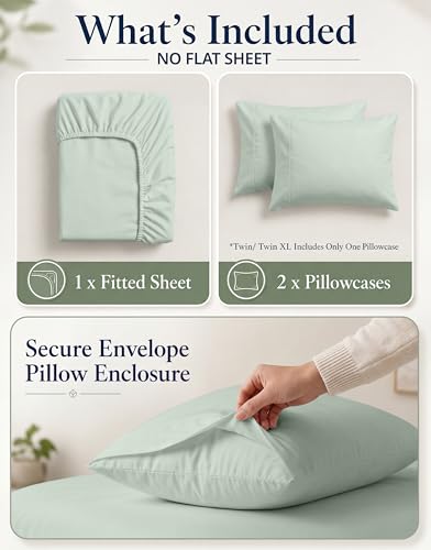 Image of LANE LINEN Fitted Sheets Twin Size, Charcoal 2-Piece Set (1 Fitted Sheet, 1 Pillowcase), Percale Weave, Ultra Soft, Breathable,Fits Mattress Upto 15'' Deep - Cool Blue (No Flat Sheet)