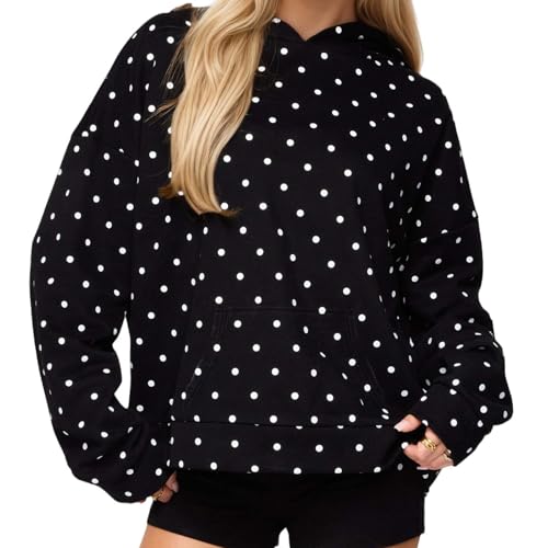 2025 Fall Womens Hoodies Oversized Casual Fashion Polka Dots Sweatshirt Long Sleeve V Neck Pullover Tops Black