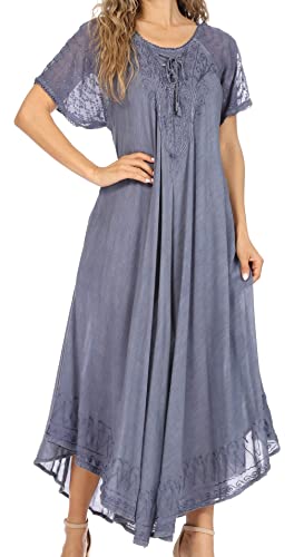Image of Sakkas Egan Long Embroidered Caftan Dress /Cover Up with Embroidered Cap Sleeves