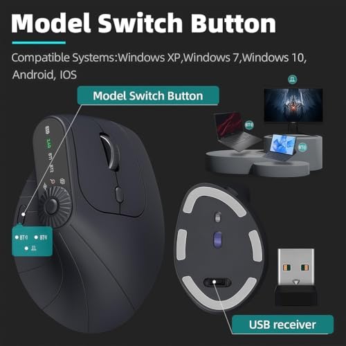 Mouse verticale ergonomico wireless con DPI regolabile 1000-2400, Bluetooth 5.0 e ricevitore USB-C, design a tripla connessione per laptop, PC e Mac