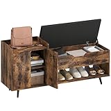 HOMCOM Banco Zapatero, Banco Recibidor Industrial, con Asiento Acolchado, Compartimento Oculto, Estantes, Puertas, Estante Abierto para 3 Pares de Zapatos, para Entrada, 127x35x59 cm, Marrón Rústico