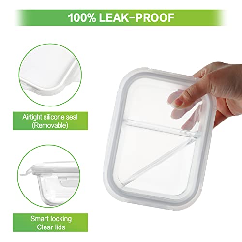 Homberking 10 Pack Glass Meal Prep Containers 2 Compartment, Glass Food Storage Containers With Lids, Airtight Glass Lunch Bento Boxes, Bpa-Free & Leak Proof (10 Lids & 10 Containers) - White #TOP2