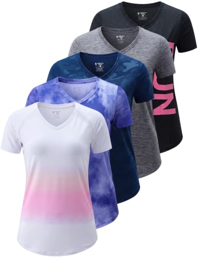 Image of 5 Pack Women's Quick Dry Short Sleeve T Shirts, Athletic Workout Tee Tops for Gym Yoga Running