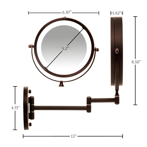 Image of OVENTE 7 inch Wall Mounted Lighted Makeup Mirror, Antique Bronze MFW70ABZ1X7X | Cordless Double Sided 1X /7X Magnifying Mirror for Bathroom with LED Lights, 360 Rotation, Extendable Arm, Battery Operated
