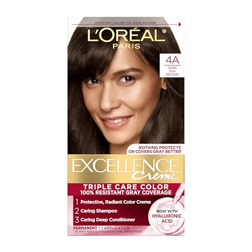 L'Oreal Paris Excellence Crème Permanent Hair Dye, Triple Care Hair Color with Pro-Keratine Complex for 100% Gray Hair Coverage, 4A Dark Ash Brown, 1 Kit