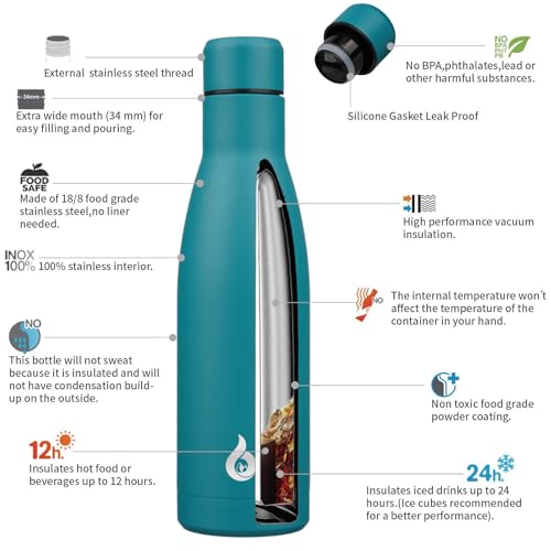 Image of BJPKPK Insulated Water Bottle 17oz Stainless Steel Water Bottles Dishwasher Safe Reusable Metal Thermal Keep Cold and Hot,Laguna
