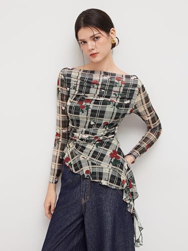 CIDER Womens Tops Mesh Top Plaid Top Long Sleeve Boat Neck Ruffle Hem Casual Floral Rose Plaid Regular Fit Blouse2